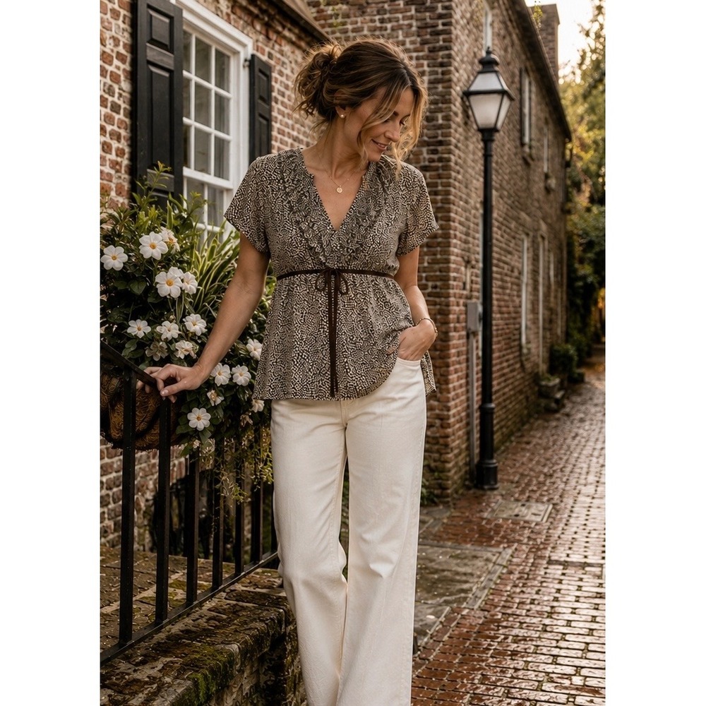 Vintage J.Crew  Silk Ruffle Top 10 Brown Ivory Ditsy Floral Boho Cottagecore